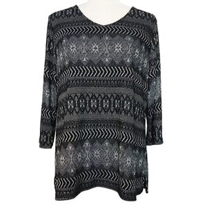 Chico's Black Silver Abstract Metallic 3/4 Sleeve Lined V-Neck Top Shimmering
